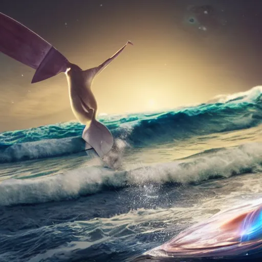 Image similar to photo of gray coat pit bull with white paws surfing a surfboard on a crashing l wave of alien ocean in space, background is an alien galaxy, aliens in the background, alien colors, octane render, unreal engine, wide view, 8 k, high detaild