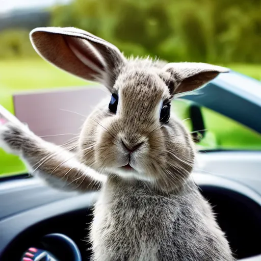 Image similar to a cute bunny driving a convertible, studio photo, high quality