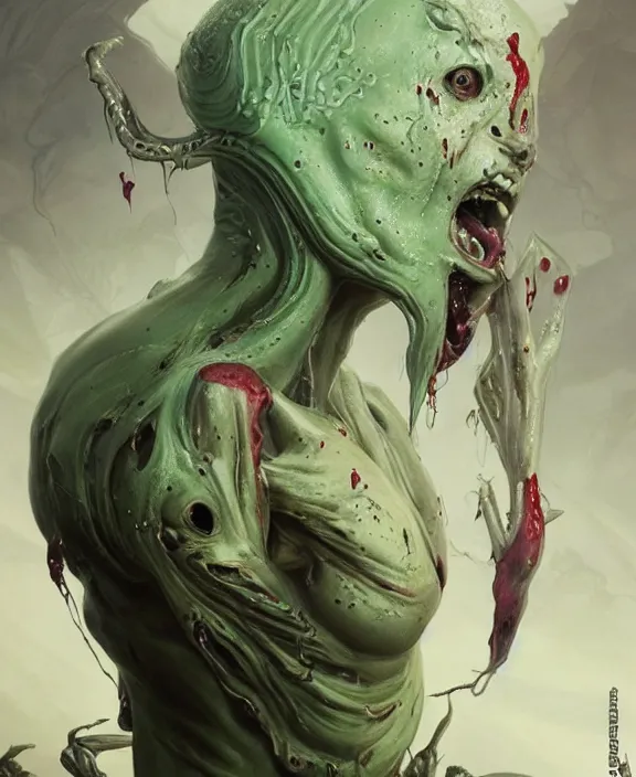 Image similar to portrait of a bloodied slime dripping geometric angular genderless insect alien monster, muscles, rippling, space warping and twisting, ultra realistic, concept art, intricate details, eerie, highly detailed, photorealistic, octane render, 8 k, unreal engine. art by artgerm and greg rutkowski and alphonse mucha