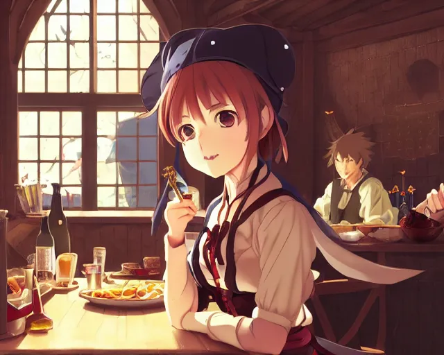 Image similar to anime visual, portrait of a young female traveler in a busy fantasy medieval tavern interior, cute face by yoh yoshinari, katsura masakazu, studio lighting, dynamic pose, dynamic perspective, strong silhouette, anime cels, ilya kuvshinov, cel shaded, crisp and sharp, rounded eyes