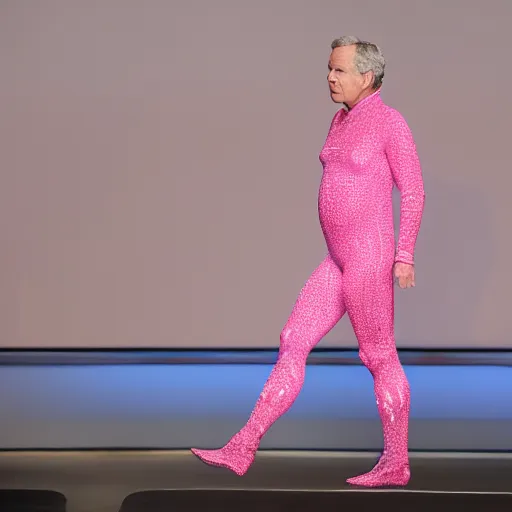 Image similar to cinematic shot of george bush wearing a pink unitard walking down a runway at a fashion show, 8 k, very detailed, very intricate,