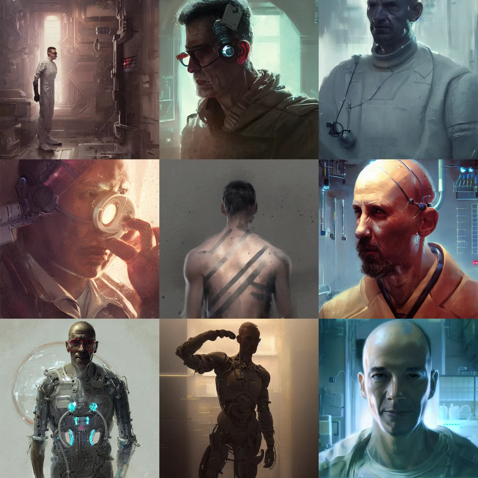 Prompt: a laboratory technician man with cybernetic implants, scifi character portrait by greg rutkowski, craig mullins, cinematic lighting, dystopian scifi gear