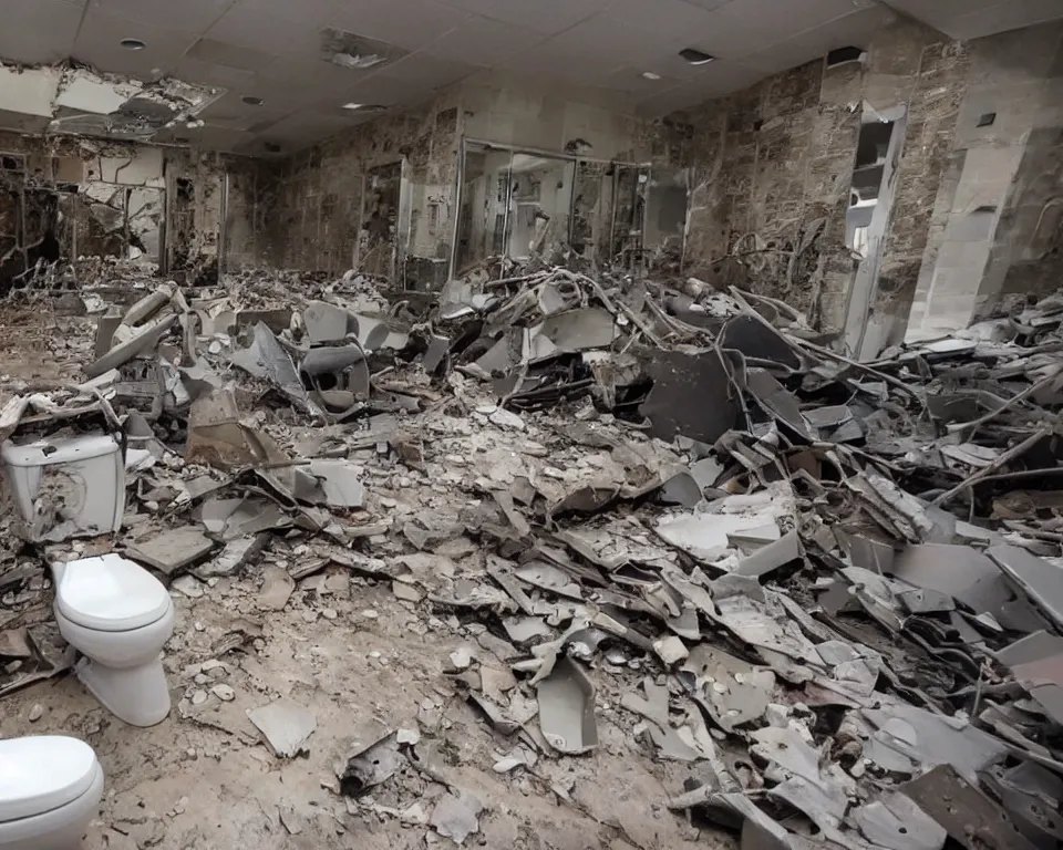 Image similar to news footage of a destroyed bathroom