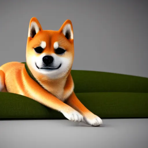 Image similar to a Shiba Inu wearing a green hoodie sitting on a couch, photo, trending on artstation, HDR, nicely detailed, 8k