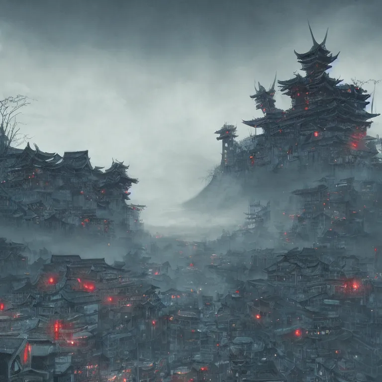 Prompt: evil robot attacking feudal japan city, moody sky, dramatic lighting, painted by James Jean and Wayne Barlowe and moebius, high details , cinematic, denoised, octane render, fog, spooky, cgsociety 8k