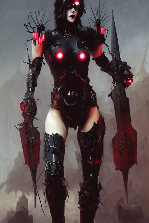 Image similar to Portrait of beautiful pale smiling cyborg goth maiden in bikini armor with crown of thorns and glowing red eyes, cyberpunc, Warhammer 40000, digital art from artstation by Ruan Jia and Mandy Jurgens and Artgerm and william-adolphe bouguereau