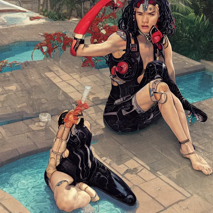 Image similar to young woman sitting by the pool from the movie bill & ted's excellent pool party, fractal cyborg ninja, 8 k, realistic, highly detailed, art by todd mcfarlane, artgerm, greg rutkowski, alphonse mucha