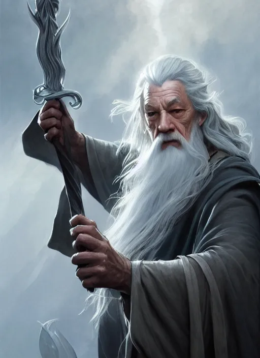 Image similar to gandalf the grey, d & d, fantasy, intricate, elegant, highly detailed, digital painting, artstation, concept art, matte, sharp focus, illustration, hearthstone, art by artgerm and greg rutkowski and alphonse mucha