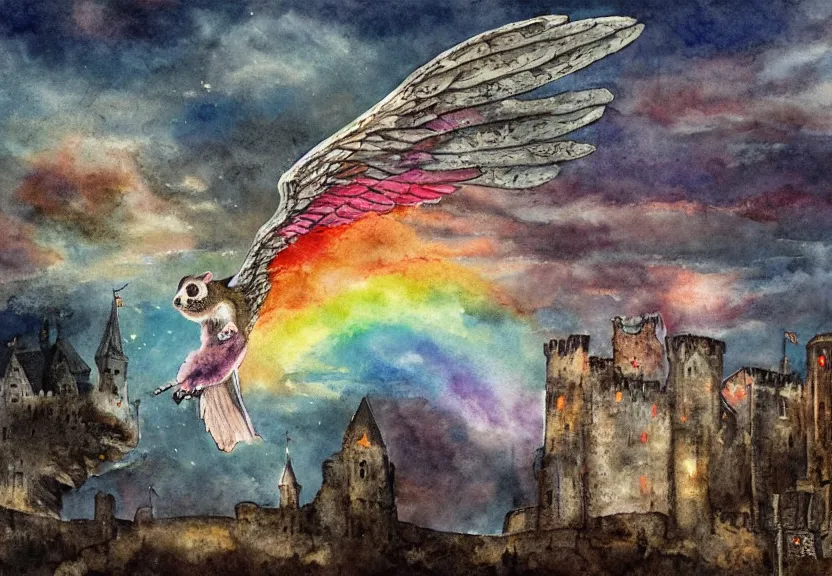 Image similar to legendary rainbow winged possum flying over a medieval castle at night under the dark starred sky, dark fantasy, watercolor, dreaming illusion, highly detailed, 4k, trending on Artstation