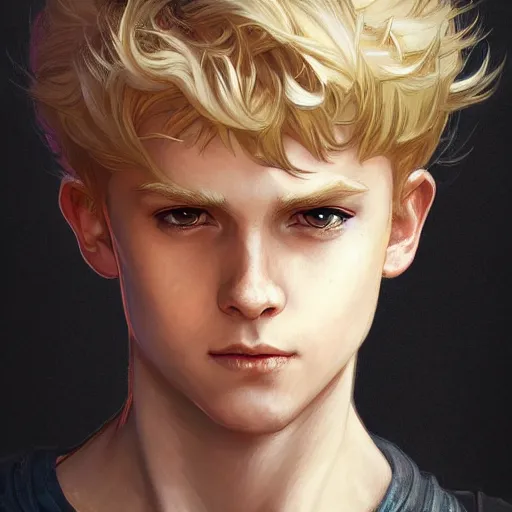 Image similar to an epic fantasy comic book style portrait painting of a young blonde boy wearing plain thief clothes, confident, d & d, fantasy, intricate, elegant, highly detailed, digital painting, artstation, concept art, matte, sharp focus, illustration, art by artgerm and greg rutkowski and alphonse mucha