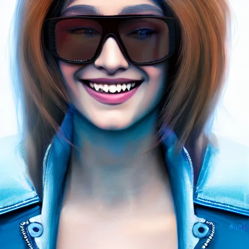 Image similar to closeup painting of a very beautiful young mexican cyberpunk woman smiling, wearing light blue shades and a leather jacket, one side haircut, long brown hair with light blue ends, portrait, hyperdetailed, artstation, cgsociety, 8 k