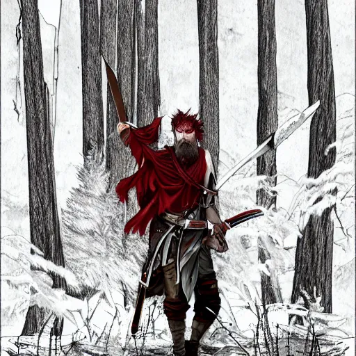 Prompt: a mid 30s post apocalyptic swordsman with shoulder length red hair streaked with gray and a beard standing in a cedar forest holding a curved one handed sword with a long vertical scar over one eye, award winning grungy digital art