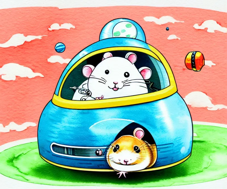 Image similar to cute and funny, hamster wearing a helmet riding in a tiny rocket ship, ratfink style by ed roth, centered award winning watercolor pen illustration, isometric illustration by chihiro iwasaki, edited by range murata, tiny details by artgerm and watercolor girl, symmetrically isometrically centered, focused