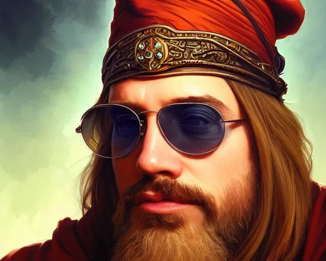 Prompt: a mind - blowing portrait of a wizard wearing sunglasses, male, wearing a wizard hat, deep focus, d & d, fantasy, intricate, elegant, highly detailed, digital painting, artstation, concept art, matte, sharp, illustration, hearthstone, art by artgerm and greg rutkowski and alphonse mucha