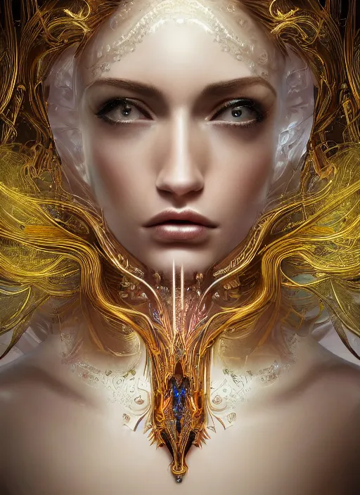 Image similar to beauteous practical sumptuous tattood beautiful face, crystal, gold, copper, bronze biomechanical with incredible iridescent pearlescent voluminous neon hair, crystalline masterpiece incrustations, hyperdetailed face, elegant pose, movie still, intricate, octane render, cinematic forest lighting, unreal engine, crepuscular rays, god rays