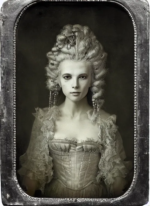 Prompt: old wetplate daguerreotype frame portrait of a futuristic silver armored young looking marie antoinette cyborg, fractal, intricate, elegant, highly detailed, subsurface scattering, by jheronimus bosch and greg rutkowski and louis jacques mande daguerre