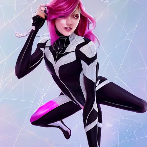 Image similar to ultra realistic illustration, bella thorne as spidergwen anime, intricate, elegant, highly detailed, digital painting, artstation, concept art, smooth, sharp focus, illustration, art by artgerm and greg rutkowski and alphonse mucha and wlop