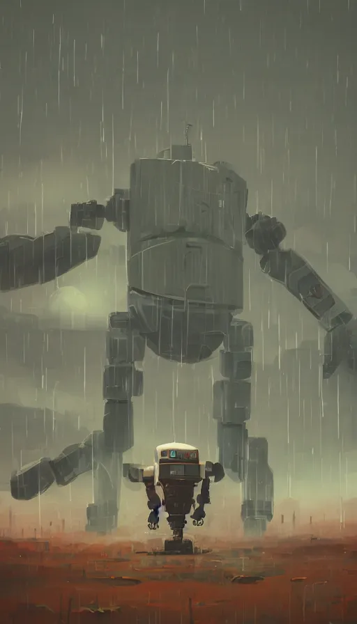 Prompt: a giant broken robot in rain, tired, island, rustic, dormant, nearby, sharp focus, james gilleard, cinematic, game art, extremely detailed digital painting, print