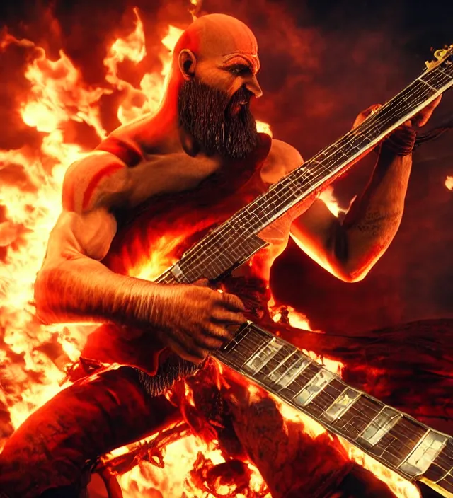 Image similar to raging kratos shredding on a flaming stratocaster guitar, cinematic render, god of war 2 0 1 8, santa monica studio official media, lightning, stripe over eye