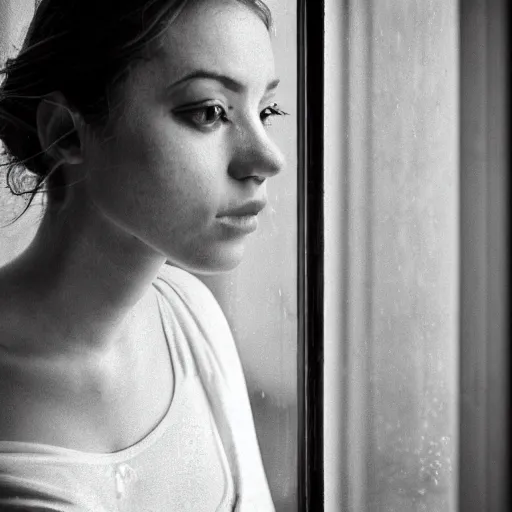 Image similar to black and white fashion photograph highly detailed portrait of a depressed beautiful 30 years old model woman standing by the window, natural light, rain, mist, lomo, fashion photography, film grain, soft vignette, sigma 85mm f/1.4 1/10 sec shutter