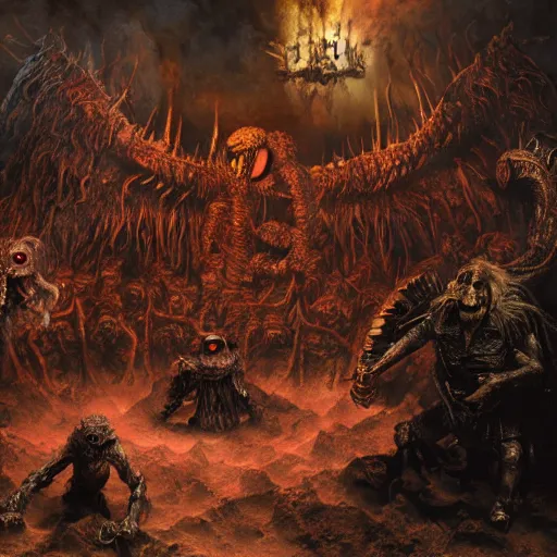 Prompt: muppets in dante's inferno with trumpeters and demons, intricate detail, royo, vallejo, frazetta, giger, whealan, hd, unreal engine,