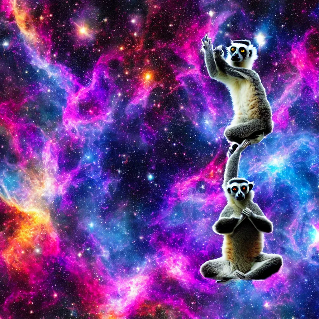 Prompt: lemur in inspiring yoga pose in cosmic space with nebula and stars, breathtaking abstract digital art, award winning