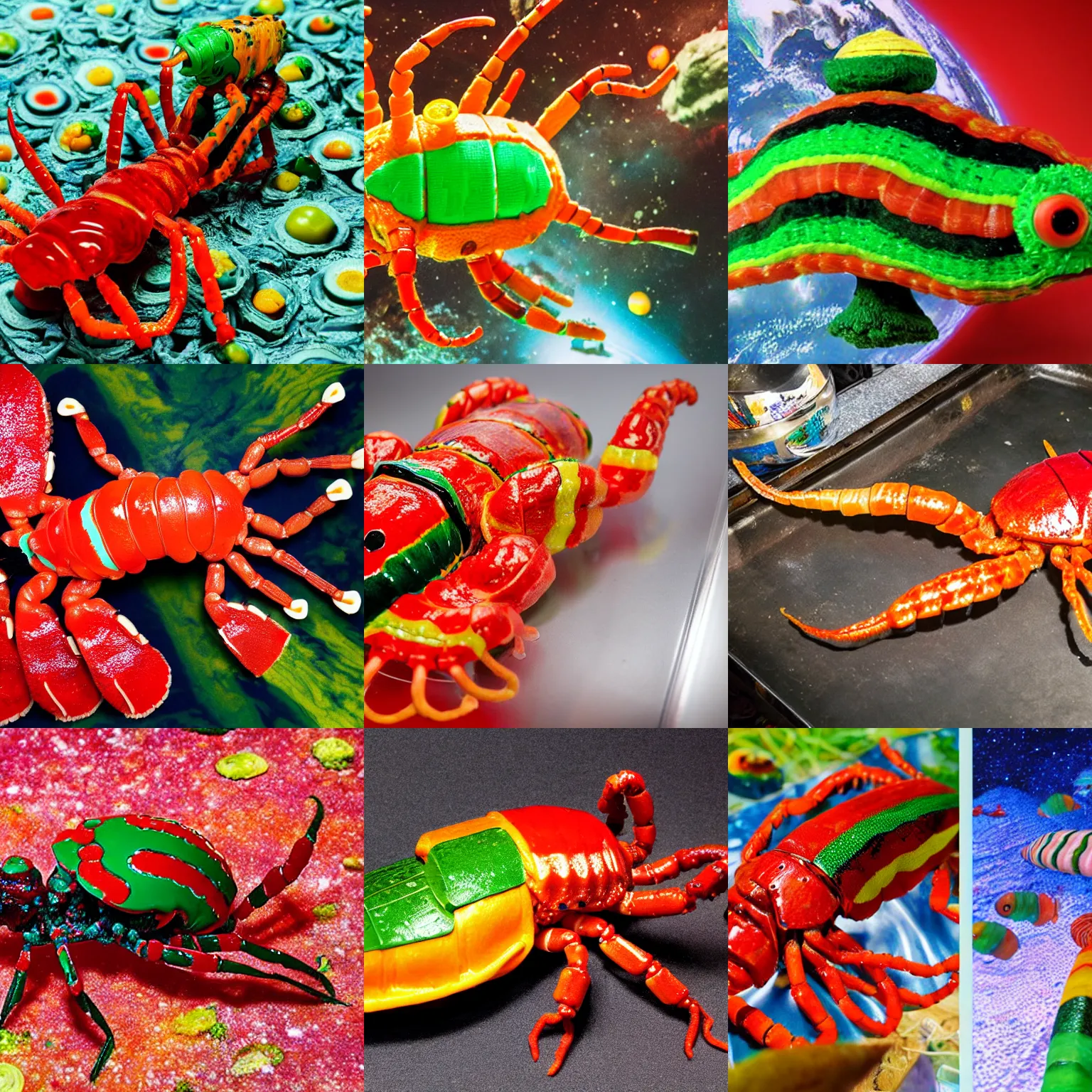 Prompt: Giant rasta cosmo lobster eats space stations like a sushi