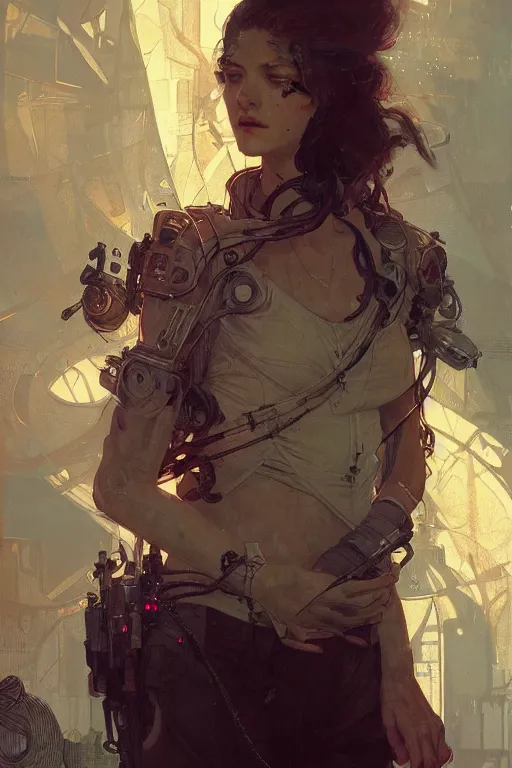 Prompt: A full portrait of a beautiful post apocalyptic offworld technothief, intricate, elegant, highly detailed, digital painting, artstation, concept art, smooth, sharp focus, illustration, art by Krenz Cushart and Artem Demura and alphonse mucha