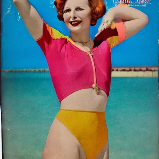 Image similar to a 1 9 2 8 colorful cover of vogue. happy, healthy, beautiful, smiling, sporty, glowing greta garbo in decent swim wear.