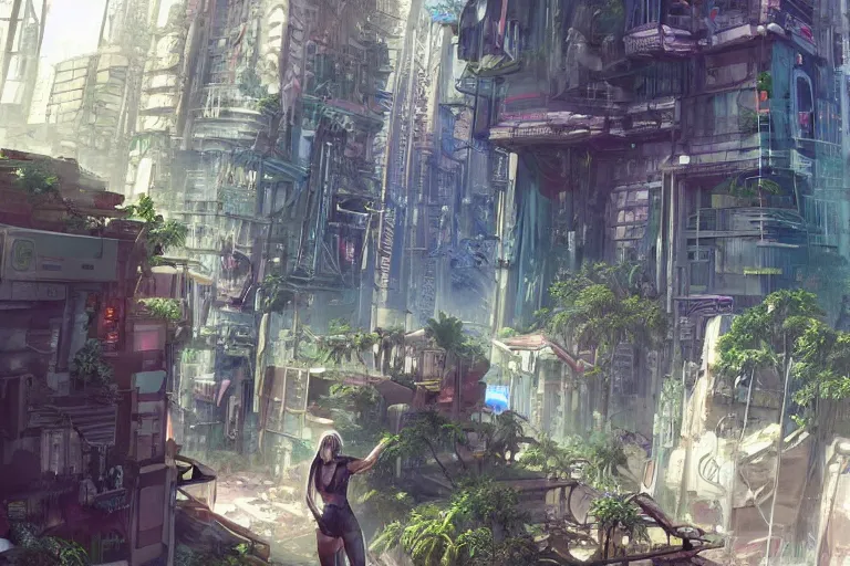 Prompt: a cyberpunk city in ruins, jungle plants overgrowing the streets and buildings, a few cats run through the ruins, by artgerm and amano and rutkowski and kincaid, trending on artstation