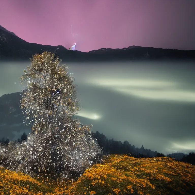 Prompt: a beautiful awesome artistic tree around snow falls with falling flowers like leaves and many birds, lightning in the sky, all in the amazing outdoors view, mountain in the background, lake, long exposure, 8 k resolution, trending on artstation