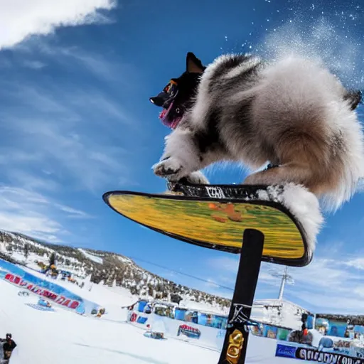 Prompt: a snowboarding blue heeler dog sending it off a big air jump at xgames in aspen