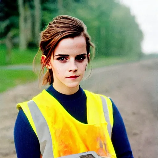 Prompt: photo, close up, emma watson in a hi vis vest, pouring asphalt, portrait, kodak gold 2 0 0,