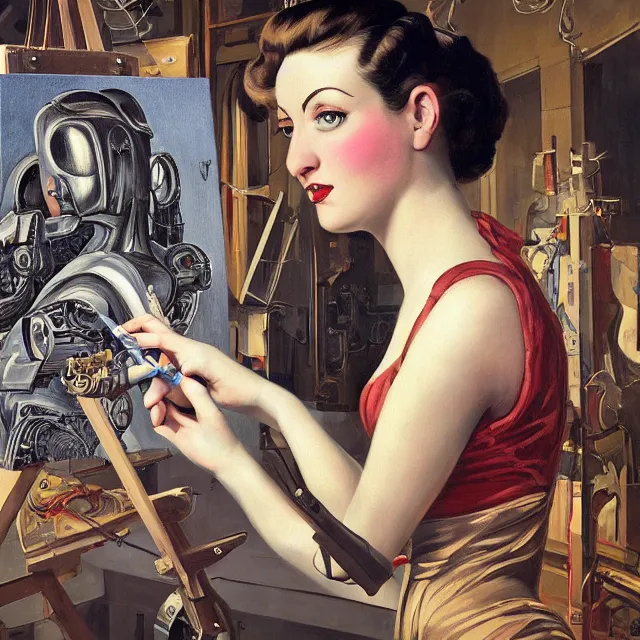 Image similar to robot artist painting a self - portrait on a canvas. intricate, highly detailed, digital matte painting in the style of gil elvgren and in the style of h. r. giger and in the style of anna dittmann. irony, recursion, inspiration.