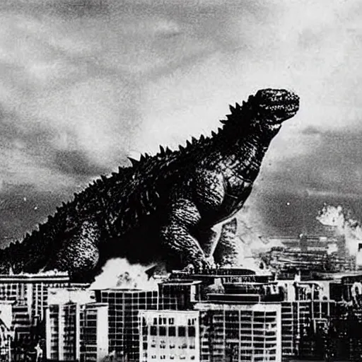 Prompt: A retro photograph of Godzilla destroying a city