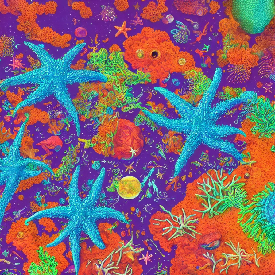Prompt: album art of an alien planet made out of different coloured corals, with big starfish, creatures, omni magazine, detailed