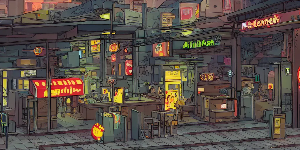 Image similar to a lone backalley cyberpunk mcdonalds by kirokaze