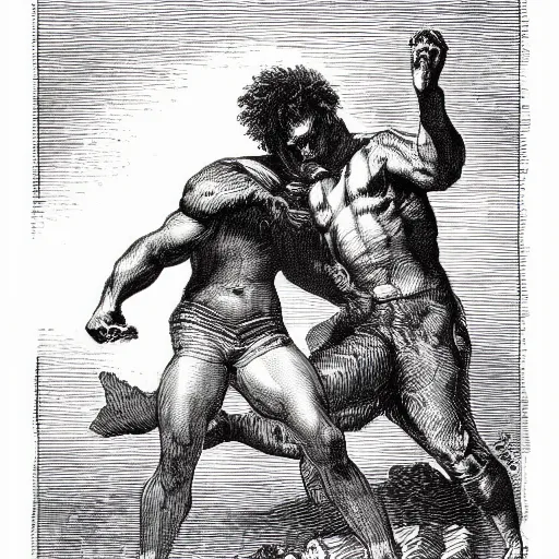 Prompt: a high contrast crosshatched pen illustration of a powerful man wrestling a monster coming from his phone by Gustave Doré, colorful Ben Day dots