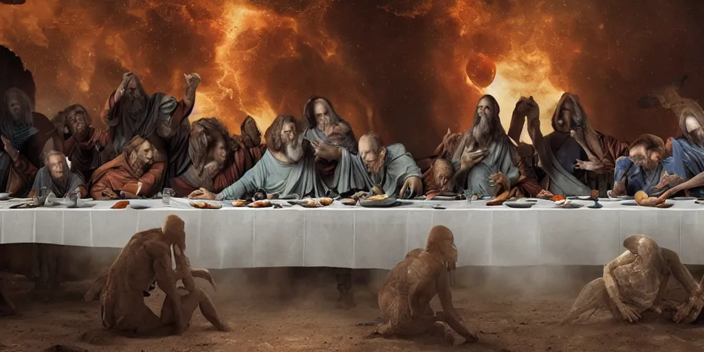 Image similar to three body problem alien, photo - realistic render, movie scene, still photo, the last supper