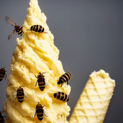 Image similar to a detailed photograph of an ice cream cone filled with nothing but bees