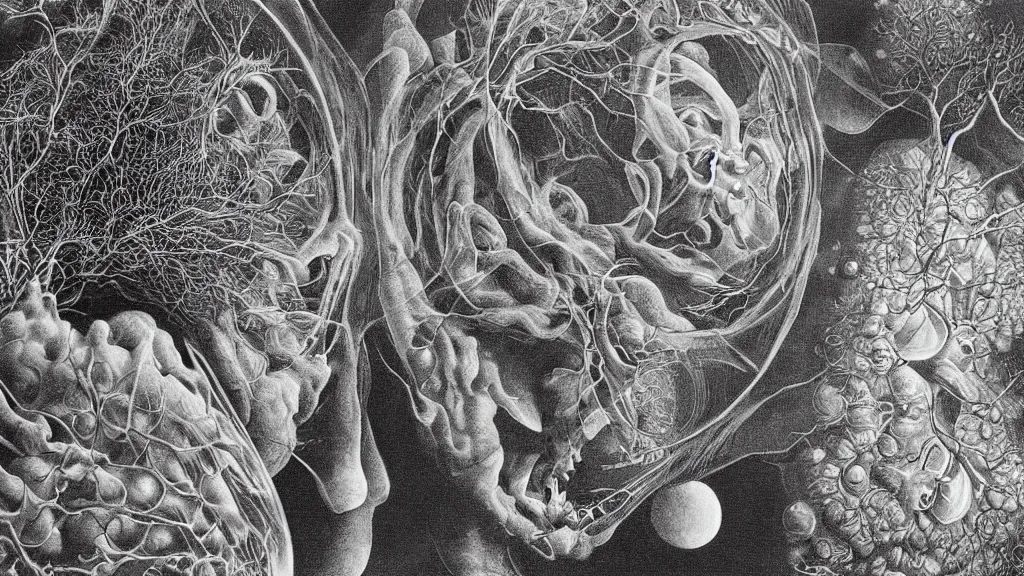 Image similar to a beautiful dreamy painting of coronavirus inside a growing high-resolution television screen, dark, face, sinister, detailed, art by M.C. Escher and Ernst Haeckel