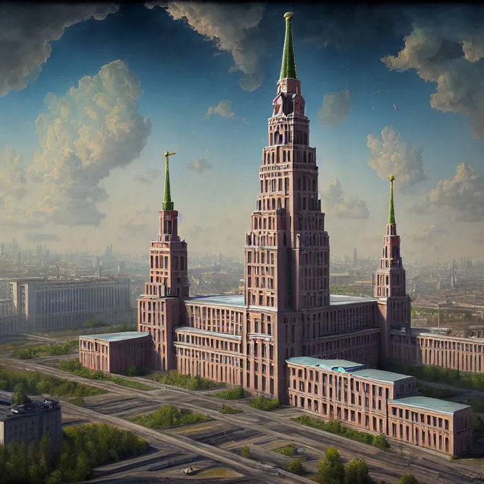 Prompt: matte painting of a moscow state university building, masterpiece, cinematic, hyperdetailed, photorealistic, hyperrealism, octane render, depth of field, bokeh, architecture, aerial view, art by tom bagshaw, geof darrow, james gurney, filip hodas