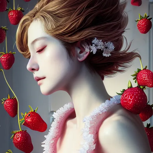 Image similar to the portrait of an absurdly beautiful, graceful, elegant, sophisticated, fashionable young gravure idol made of strawberries and white petals, an ultrafine hyperdetailed illustration by kim jung gi, irakli nadar, intricate linework, bright colors, octopath traveler, final fantasy, unreal engine 5 highly rendered, global illumination, radiant light, detailed and intricate environment