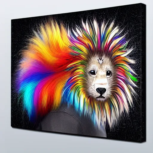 Image similar to cute fluffy baby hedgehog with long colorful flowing lion mane with mohawk hairstyle hybrid animal detailed painting 4 k