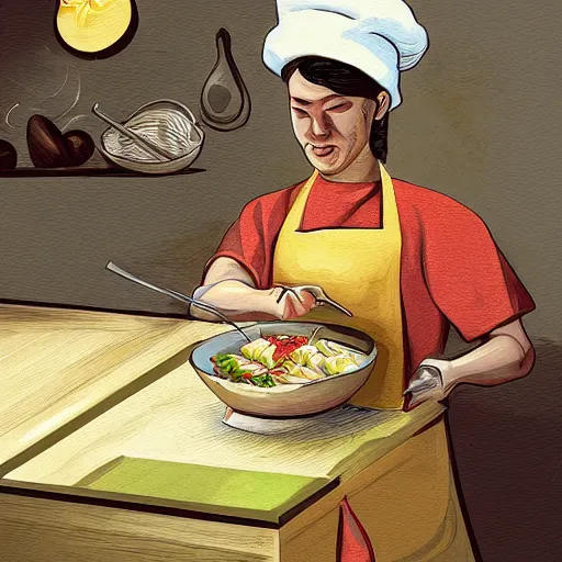 Prompt: A shrimp chef preparing a dish of rice, digital art, detailed