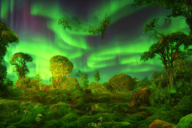 Prompt: beautifully detailed painting of a dreamy psychedelic rainforest with fireflies and fairies and an aurora borealis, and moss rendered in unreal engine 5