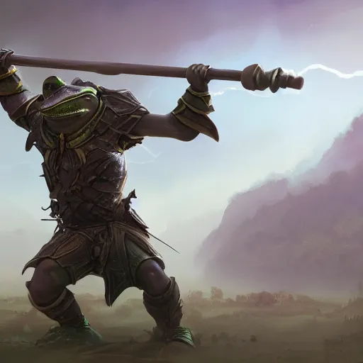 Prompt: a frog warrior with armour standing on two feet and lifting weights, cinematic lightning, artstation, hyperrealistic, extremely detailed, 8 k, trending, matte painting,