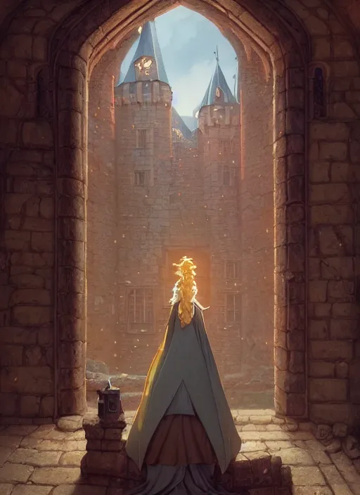 Image similar to highly detailed portrait of a medieval maiden in a castle, stephen bliss, unreal engine, greg rutkowski, loish, rhads, beeple, makoto shinkai and lois van baarle, ilya kuvshinov, rossdraws, tom bagshaw, tom whalen, alphonse mucha, global illumination, god rays, detailed and intricate environment