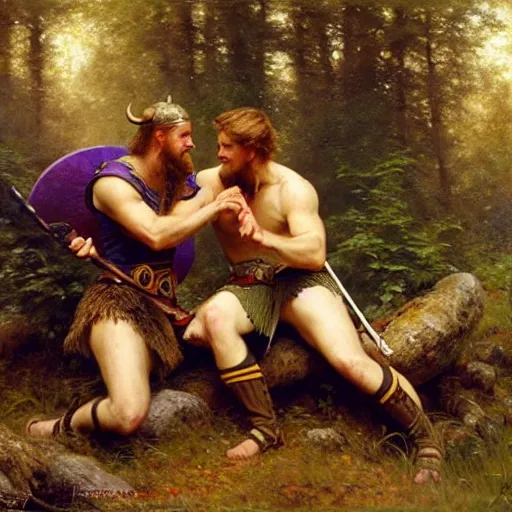 Image similar to 2 attractive male vikings frolicking in the forest. highly detailed painting by gaston bussiere, craig mullins, j. c. leyendecker, 8 k