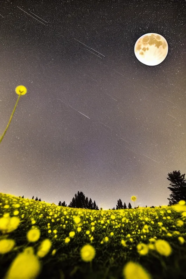 Prompt: low angle, shot from below. two very large moons in night sky. long exposure milky way in the night sky. meteor shower. field of big frozen yellow flowers. f 1. 8 lens, lens flare, bokeh. long exposure. high detail. vibrant